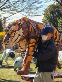 針金や新聞紙で作られたトラの置物。軽い＝姫路市立動物園