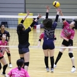 週末の試合に向けて調整するヴィクトリーナ姫路の選手たち＝ヴィクトリーナ・ウインク体育館