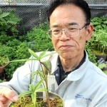 「ナギヒロハテンナンショウ」と、開花させた松本修二さん＝姫路市立手柄山温室植物園