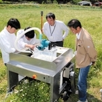 カモミール畑でロボットの動作を確認する県立大大学院の荒木望准教授（右）と森本雅和准教授（右から２人目）ら＝姫路市夢前町山之内