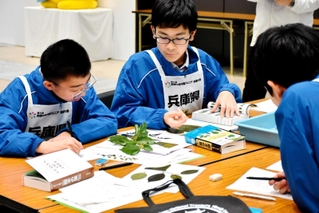 植物の和名などを問う問題に取り組む大久保中学校の生徒ら＝アクリエひめじ