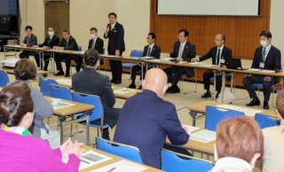 文化団体向けの説明会であいさつする清元秀泰市長（後列中央）＝姫路市役所