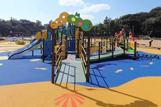 「みんなのさくら広場」に設置された、体に障害がある子どもも一緒に遊べるインクルーシブ遊具（姫路市提供）