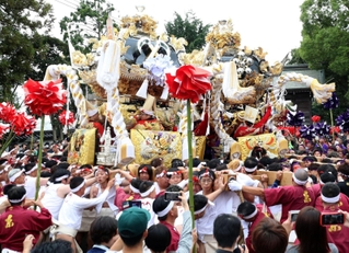 屋台を練り合わせる恵美酒宮天満神社の氏子ら＝２０２３年１０月９日、姫路市飾磨区恵美酒