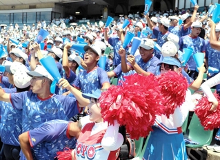 得点を挙げて盛り上がる東洋大姫路の応援スタンド＝神戸市須磨区、ほっともっとフィールド神戸