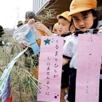 願いを込めた短冊をササにくくりつける子どもたち＝姫路市市之郷、姫路署