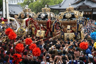 境内で豪快に練り合わせる（左から）宇佐崎、妻鹿、中村地区の屋台（撮影・辰巳直之）＝松原八幡神社