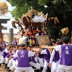 境内で屋台練りを披露する氏子ら＝土山八幡神社