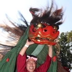境内で獅子舞を披露する東山地区の氏子。獅子の目から陽光が差す（撮影・辰巳直之）＝松原八幡神社