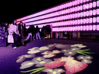 花や紅葉のイメージが地面に投影されるほか、カラフルな提灯オブジェも設置された家老屋敷跡公園＝１１月２２日、姫路市本町