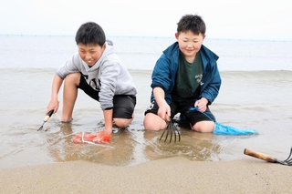 波打ち際で貝を探す子どもたち＝的形海水浴場