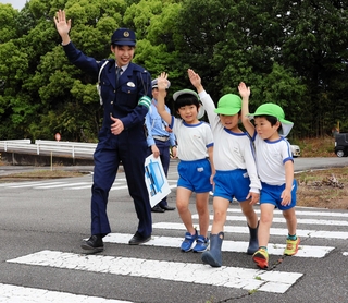手を上げて横断歩道を渡る園児ら＝姫路市本町、姫路中央自動車学院