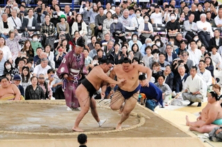 大の里（中央右）を押し出して横綱対決を制した豊昇龍＝大和工業アリーナ姫路