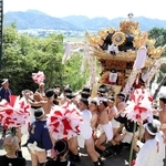 甲八幡神社の宮入りに向けて屋台を担ぎながら急坂を上がる練り子ら＝姫路市豊富町豊富