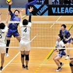 スパイクを放つ兵庫デルフィーノの西澤岳選手＝西脇市総合市民センター体育館