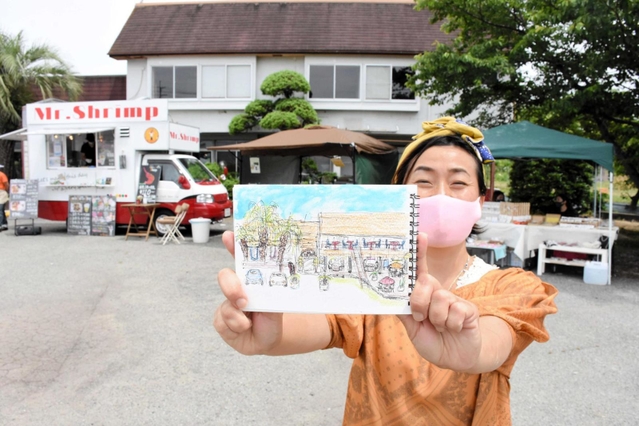 「ドライブインｉｉＭｏｒｉ」の完成イメージ図と田居史江さん＝加西市鶉野町