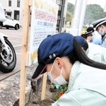 ヒマワリの苗を植え付ける播磨農業高校の生徒ら＝加西署