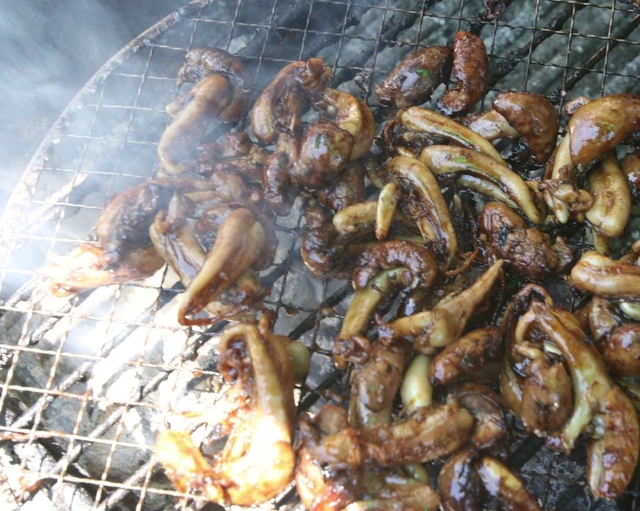 香ばしく焼き上がるウナギのキモ＝加東市社