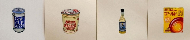 食品などのパッケージを一つずつ描いた作品群＝岡之山美術館アトリエ