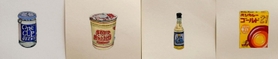 食品などのパッケージを一つずつ描いた作品群＝岡之山美術館アトリエ