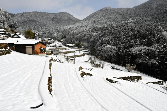銀世界に姿を変えた棚田＝多可町加美区岩座神