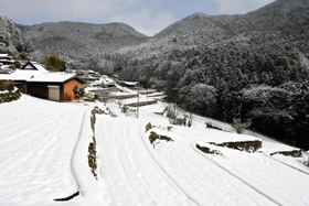 銀世界に姿を変えた棚田＝多可町加美区岩座神