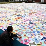 １万枚を超えるキルトのパッチワークで埋め尽くされる田んぼ＝西脇市鹿野町