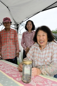 播州白水菜の種を保存していた竹本千代さん（手前）と岡野圭佑さん（左）夫妻＝多可町