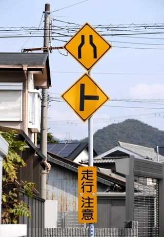 西脇市の県道で見つけた「ハト」標識＝西脇市黒田庄町
