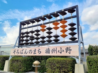 「２０２４」の数字と玉の位置に替わった巨大そろばん＝小野市王子町