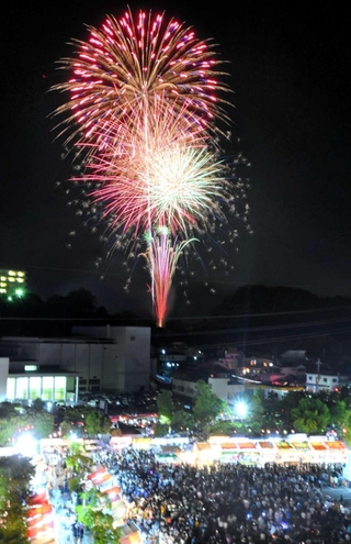 夜空を彩った花火＝加西市役所から望む