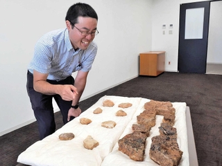 浄土寺境内から出土した炉壁や鋳型の破片を示す山本原也学芸員＝小野市役所