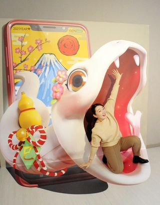 ヘビのトリックアート。食べられそうな写真もできる＝加東市下滝野