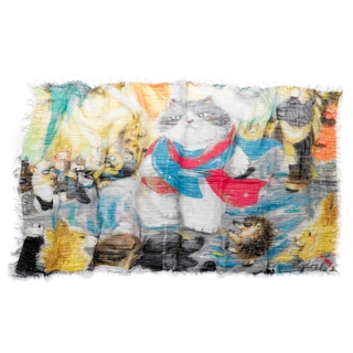 タマキニイメとのコラボで実現した大判ショール。マルがランウェイを歩く作中絵柄
