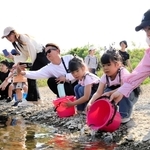 バケツから稚アユを放流する子どもら＝加東市上滝野