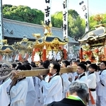 日吉神社ではみこしが練り合わせ。例祭は神々の結婚から出産までを示し、荒々しい総練りは陣痛を表すと伝わる＝２０２４年１０月１３日、加西市池上町