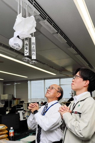 雨が降ることを願い、逆さまに設置されたてるてる坊主＝加東市役所