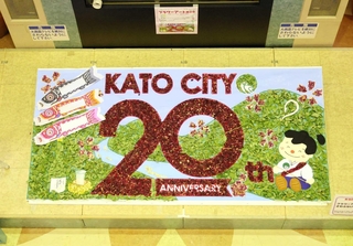 加東市制２０周年をテーマにバラの花びらや葉で表現したフラワーアート＝加東市社