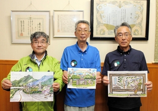 森安小春さんの絵本を手にする「市原村づくり協議会」の池田富美雄さん（中央）、中川利彦さん（右）、伊藤誠さん。服には大根のマークがある＝多可町加美区市原