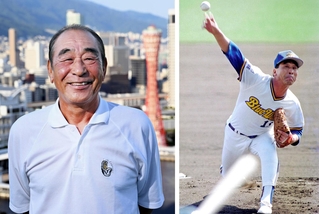 神戸のまちを背に、笑みをみせる佐藤義則さん（左）。右は１９９５年の開幕戦で先発マウンドに上がった佐藤さん