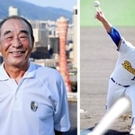 神戸のまちを背に、笑みをみせる佐藤義則さん（左）。右は１９９５年の開幕戦で先発マウンドに上がった佐藤さん