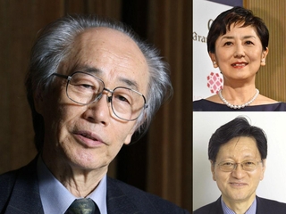 左は経済評論家・ジャーナリスト内橋克人氏。シンポに登壇する元キャスター国谷裕子氏（右上）と東大名誉教授の神野直彦氏（右下）