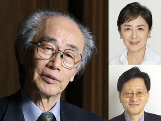左は経済評論家・ジャーナリスト内橋克人氏。シンポに登壇する元キャスター国谷裕子氏（右上）と東大名誉教授の神野直彦氏（右下）