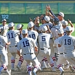 昨年の秋季県高校野球大会で１７年ぶりの優勝を飾り、喜びを爆発させる東洋大姫路ナイン＝２０２４年１０月５日、明石トーカロ
