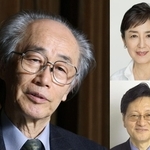 左は経済評論家・ジャーナリスト内橋克人氏。シンポに登壇する元キャスター国谷裕子氏（右上）と東大名誉教授の神野直彦氏（右下）