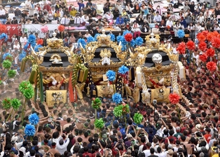 松原八幡神社の秋季例大祭「灘のけんか祭り」。屋台の３台練りを披露する氏子ら＝２０２４年１０月、姫路市白浜町