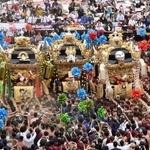 松原八幡神社の秋季例大祭「灘のけんか祭り」。屋台の３台練りを披露する氏子ら＝２０２４年１０月、姫路市白浜町