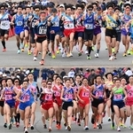 一斉にスタートする男子（上）と女子の選手たち＝２０２５年２月２日、加古川市の加古川河川敷マラソンコース
