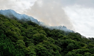 煙をあげる山林＝２６日午後２時４１分、宍粟市波賀町戸倉から