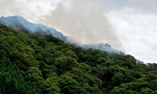煙をあげる山林＝２６日午後２時４１分、宍粟市波賀町戸倉から